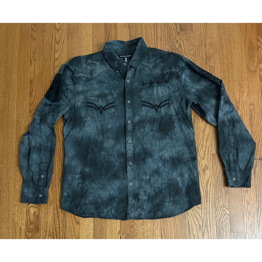 Affliction Black White Colored Distressed Embroidered Detailed Long Sleeve‎ XL